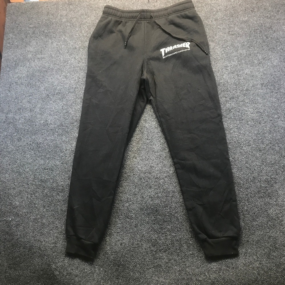 Thrasher Joggers Mens M Black Good Skateboard Magazine Graphic Fleece Sweatpants